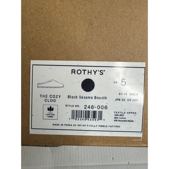 Rothys NWT The Cozy Clog Black Sesame Boucle Women's 5 Slippers Mules 248-006 - Picture 3 of 5
